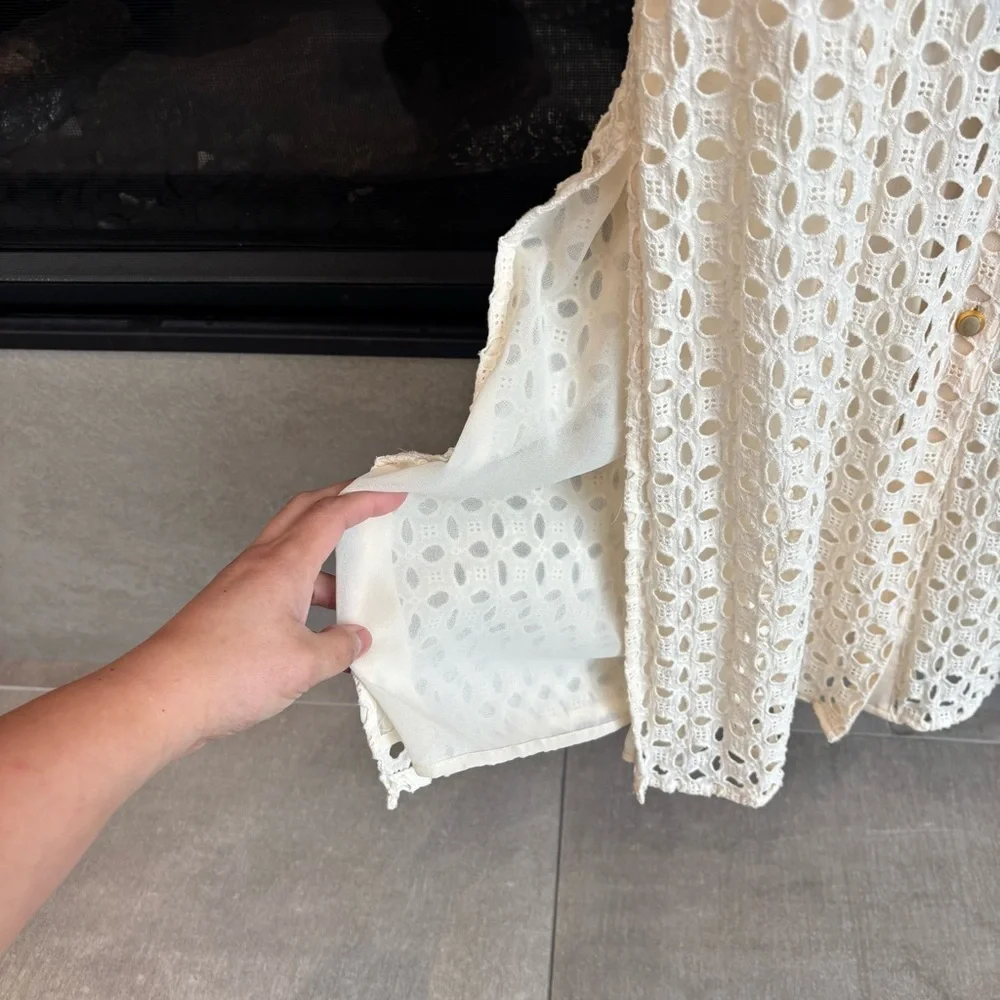 ZARA CREAM EMBROIDERED CUTWORK MIDI DRESS, SIZE M